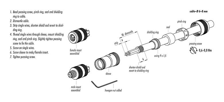 Assembly instructions M8 Male cable connector, Contacts: 3, 6.0-8.0 mm, shieldable, screw clamp, IP67, UL 2238, with shielding ring