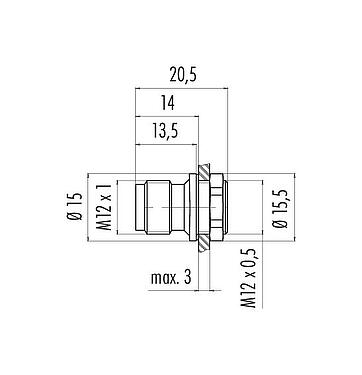 Dessin coté M12 Embase mâle, Contacts: 5, non blindé, souder, IP67, M12x0,5, Montage frontal