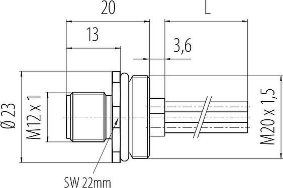 Dibujo a escala M12 Enchufe de brida, Número de contactos: 4, sin blindaje, hilos, IP68, UL 2238, M20x1,5, Montaje frontal, moldeado