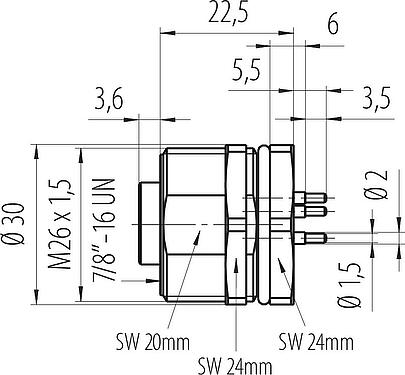 Dibujo a escala 7/8" Toma de brida, Número de contactos: 4, sin blindaje, THT, IP68, UL 2238, VDE, Montaje en pared, moldeado