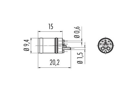 Scale drawing M12 Male receptacle, Contacts: 2+7, solder, IP67 plugged and locked, Front mounting
