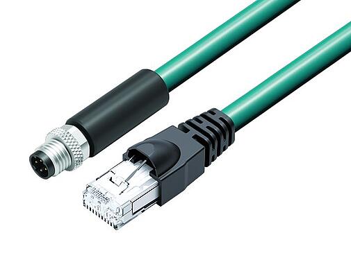 Illustration M8 Connecting cable male cable connector - RJ45 connector, Contacts: 4, shielded, molded/crimp, IP67, UL, Ethernet CAT5e, TPE, teal, 2 x 2 x AWG 24, 0.6 m
