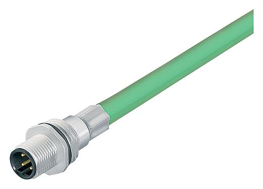 Illustration M12 Male panel mount connector, Contacts: 4, shielded, with cable assembled, IP67, UL, M16x1.5, Profinet, PUR, green, 2 x 2 x AWG 22, Front mounting, 0.5 m