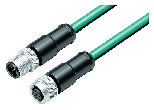 Illustration M12 Connecting cable male cable connector - female cable connector, Contacts: 8, shielded, moulded on the cable, IP67, Ethernet CAT5e, TPE, teal, 4 x 2 x AWG 24, 2 m
