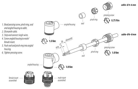 Instrucción de montaje M12 Conector macho en ángulo, Número de contactos: 2+PE, 4,0-6,0 mm, sin blindaje, tornillo extraíble, IP67, UL