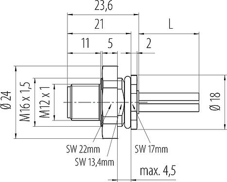 Dibujo a escala M12 Enchufe de brida, Número de contactos: 4, sin blindaje, hilos, IP68, UL 2238, M16x1,5, Montaje en pared