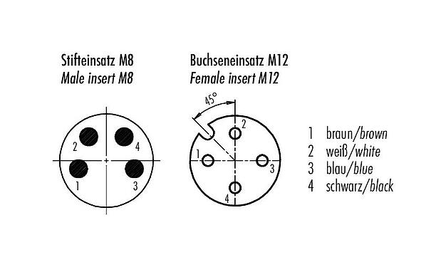 Contact arrangement (Plug-in side) M12/M8 Male cable connector - female angled connector, Contacts: 4, unshielded, moulded on the cable, IP67/IP69K, PUR, black, 4 x 0.25 mm², with LED PNP closer, 2 m