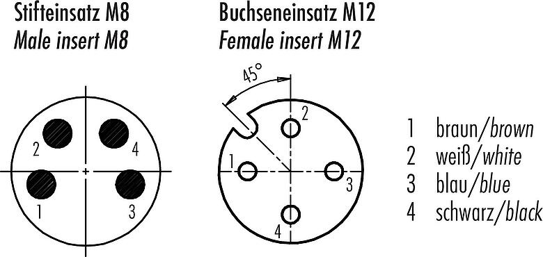Disposition des contacts (Côté plug-in) M12/M8 Connecteur mâle - connecteur d‘angle femelle, Contacts: 4, non blindé, surmoulé sur le câble, IP67/IP69K, PUR, noir, 4 x 0,25 mm², avec LED, PNP, 1 m