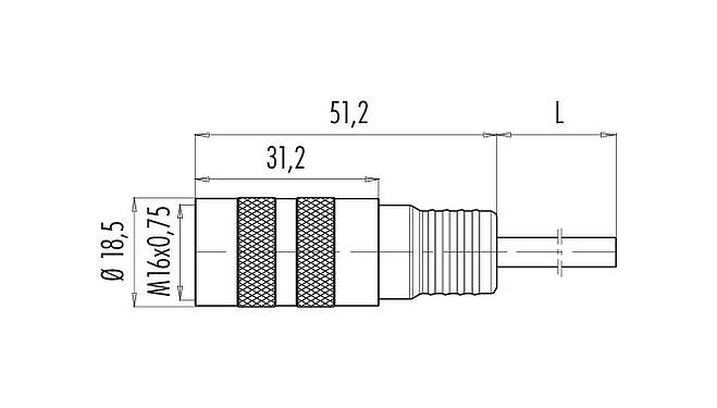 Dessin coté M16 Connecteur femelle, Contacts: 5 (05-a), blindé, surmoulé sur le câble, IP67, PUR, noir, 5 x 0,25 mm², 2 m