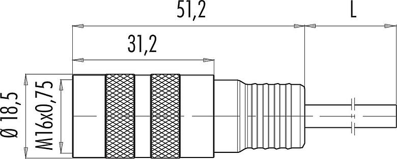 Scale drawing M16 Female cable connector, Contacts: 8 (08-a), shielded, moulded on the cable, IP67, PUR, black, 8 x 0.25 mm², 2 m