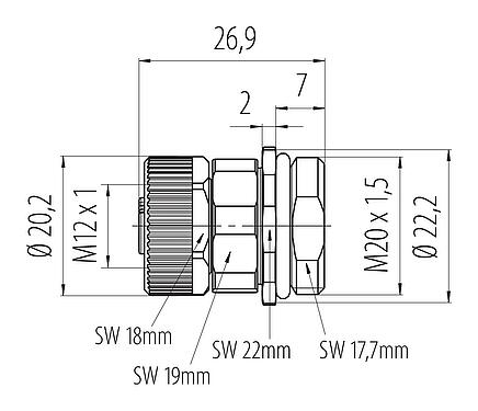 Dessin coté M12 Embase femelle, Contacts: 4, non blindé, pince à visser, IP68, UL 2238, VDE, M20x1,5, Montage frontal