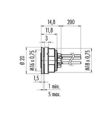 Dessin coté M16 Embase femelle, Contacts: 4 (04-a), non blindé, fils, IP40, M18x0,75, Montage frontal