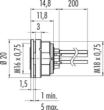 Dessin coté M16 Embase femelle, Contacts: 4 (04-a), non blindé, fils, IP40, M18x0,75, Montage frontal