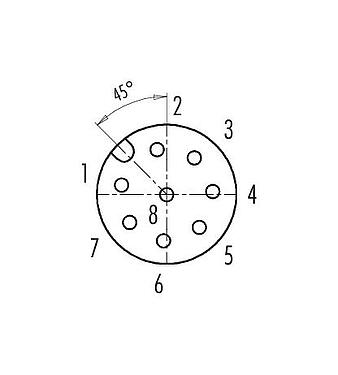 Contact arrangement (Plug-in side) M12 Female angled panel mount connector, Contacts: 8, unshielded, THR, IP68, UL 2238, Front mounting, for PCB assembly