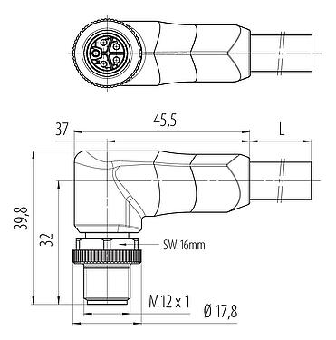 Dessin coté M12 Connecteur mâle coudé, Contacts: 4+FE, non blindé, surmoulé sur le câble, IP68, UL 2238, PUR, noir, 5 x 1,50 mm², 2 m