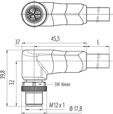 Dibujo a escala M12 Conector macho en ángulo, Número de contactos: 4+FE, sin blindaje, moldeado en el cable, IP68, UL 2238, PUR, negro, 5 x 2,50 mm², 5 m