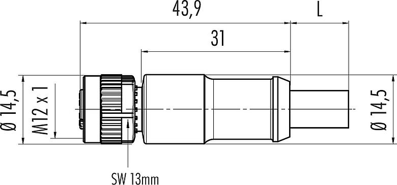 Dessin coté M12 Connecteur femelle, Contacts: 5, blindé, surmoulé sur le câble, IP68, UL 2238, CAN-Bus, PUR, violet, 1 x 2 x AWG 22 + 1 x 2 x AWG 24, 5 m