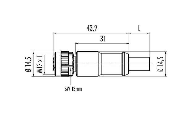 Scale drawing M12 Female cable connector, Contacts: 5, shielded, moulded on the cable, IP68, UL 2238, CAN-Bus, PUR, violet, 1 x 2 x AWG 22 + 1 x 2 x AWG 24, 5 m