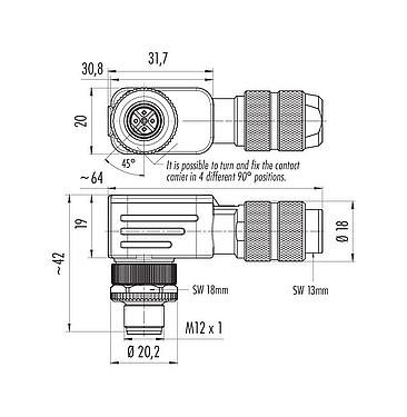 Scale drawing M12 Male angled connector, Contacts: 5, 5.0-8.0 mm, shieldable, screw clamp, IP67, UL 2238, iris spring