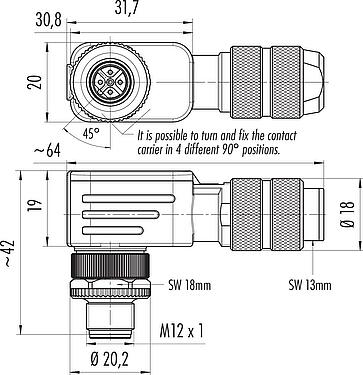 Dibujo a escala M12 Conector macho en ángulo, Número de contactos: 5, 5,0-8,0 mm, blindable, tornillo extraíble, IP67, UL 2238, Pluma de iris