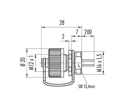 Scale drawing M12 Male panel mount connector, Contacts: 5, unshielded, single wires, IP68/IP69K, M16x1.5, Front mounting, for outdoor, UV resistant, potted