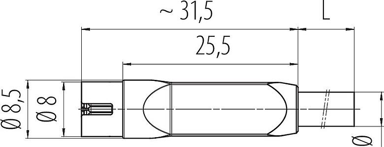 Dessin coté Snap-In Connecteur mâle, Contacts: 3, non blindé, surmoulé sur le câble, IP40, PVC, noir, 3 x 0,25 mm², 5 m