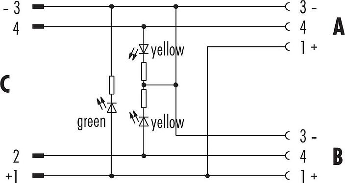 Pin assignment plans M12/M8 Twin distributors, Y-distributor, male connector - 2 female connector, Contacts: 4/3, unshielded, pluggable, IP68, UL 2238, with LED PNP closer