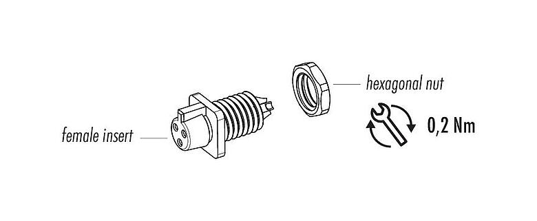 Component part drawing Snap-In Female panel mount connector, Contacts: 3, unshielded, solder, IP40, 1/4" 28 UNF, Front mounting