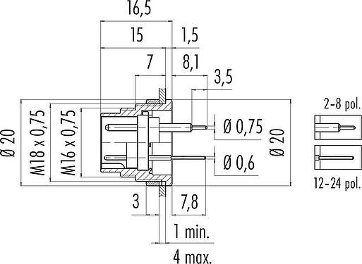 Scale drawing M16 Male panel mount connector, Contacts: 24, unshielded, THT, IP40, M18x0,75, Rear mounting