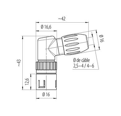 Dessin coté Snap-In Connecteur mâle coudé, Contacts: 3, 2,5-4,0 mm, non blindé, souder, IP67