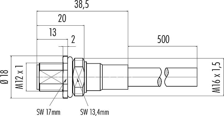Dessin coté M12 Embase mâle, Contacts: 5, blindé, assemblés avec câble, IP68, M16x1,5, PUR, noir, 5 x 0,25 mm², Montage frontal, 0,5 m