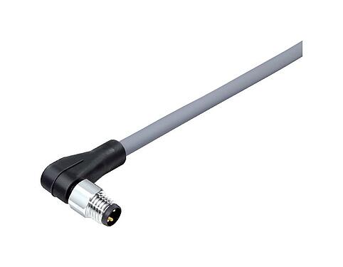 Illustration M8 Male angled connector, Contacts: 3, unshielded, moulded on the cable, IP67/IP69K, UL 2238, PVC, grey, 3 x 0.34 mm², stainless steel, 10 m