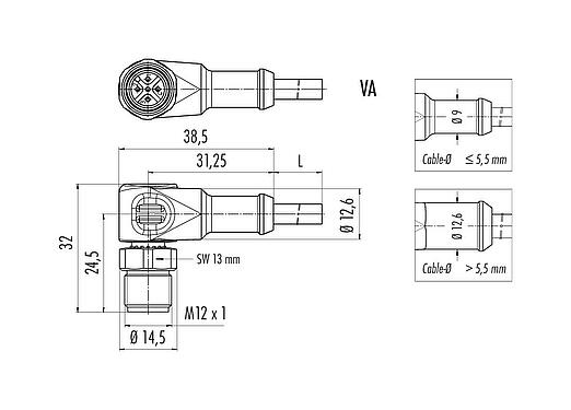 Scale drawing M12 Male angled connector, Contacts: 4, unshielded, moulded on the cable, IP67/IP69K, UL 2238, PUR, black, 4 x 0.34 mm², stainless steel, 2 m