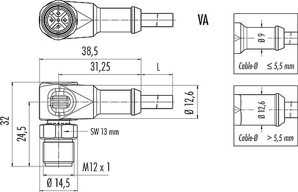 Dessin coté M12 Connecteur mâle coudé, Contacts: 3, non blindé, surmoulé sur le câble, IP67/IP69K, UL 2238, PUR, noir, 3 x 0,34 mm², Acier inoxydable, 5 m