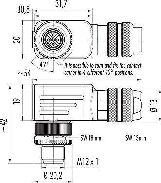 Dibujo a escala M12 Conector macho en ángulo, Número de contactos: 5, 6,0-8,0 mm, blindable, tornillo extraíble, IP67, UL 2238, con anillo de protección
