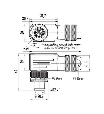 Dibujo a escala M12 Conector macho en ángulo, Número de contactos: 5, 6,0-8,0 mm, blindable, tornillo extraíble, IP67, UL 2238, con anillo de protección
