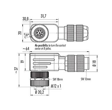 Dessin coté M12 Connecteur femelle coudé, Contacts: 8, 5,0-8,0 mm, blindable, pince à visser, IP67, UL 2238, ressort à iris