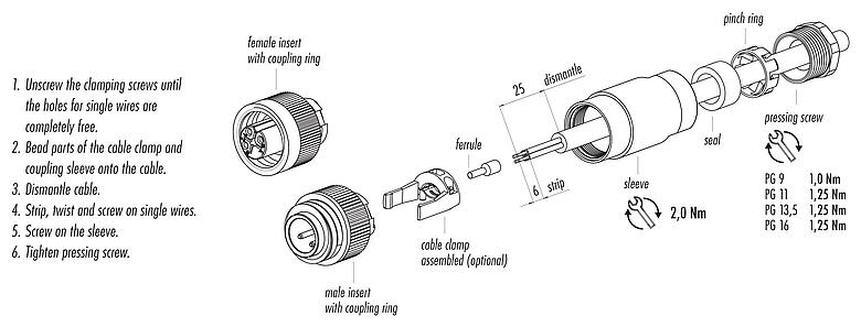 Assembly instructions RD24 Male cable connector, Contacts: 6+PE, 6.0-8.0 mm, unshielded, screw clamp, IP67, UL, ESTI+, VDE, PG 9