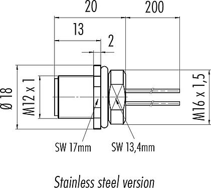 Dessin coté M12 Embase mâle, Contacts: 8, non blindé, fils, IP68, UL 2238, M16x1,5, Montage frontal, Acier inoxydable, coulé