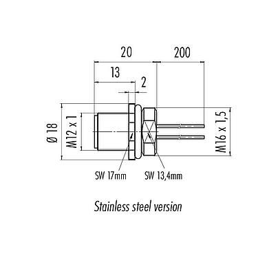 Scale drawing M12 Male panel mount connector, Contacts: 8, unshielded, single wires, IP68, UL 2238, M16x1.5, Front mounting, stainless steel, potted
