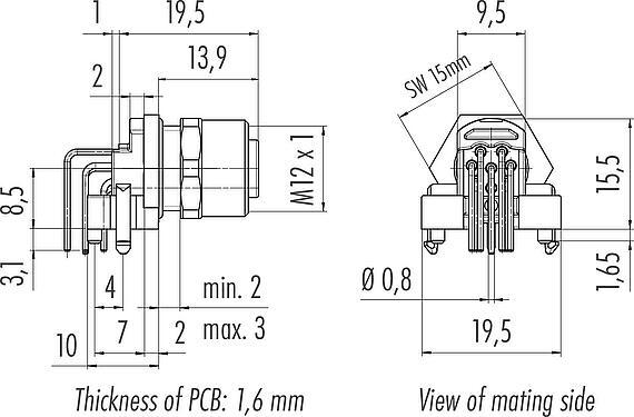 Dibujo a escala M12 Toma de brida, Número de contactos: 8, blindable, THR, IP68, UL 2238, M12x1,0, Montaje en pared, para montaje de PCB