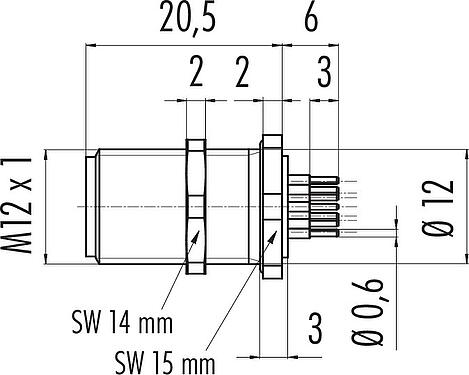 Dibujo a escala M12 Enchufe de brida, Número de contactos: 12, sin blindaje, THT, IP68, M12x1,0, Montaje en pared, moldeado