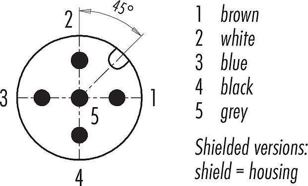 Contact arrangement (Plug-in side) M12 Male cable connector, Contacts: 5, shielded, moulded on the cable, IP67, UL 2238, PVC, grey, 5 x 0.25 mm², 2 m