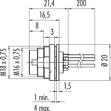Scale drawing M16 Male panel mount connector, Contacts: 7 (07-a), unshielded, single wires, IP40, M18x0,75, Rear mounting