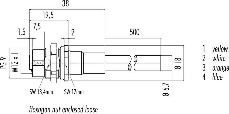 Dibujo a escala M12 Toma de brida, Número de contactos: 4, blindado, con cables ensamblado, IP67, UL, PG 9, Profinet, PUR, verde, 2 x 2 x AWG 22, Montaje en pared, 0,5 m
