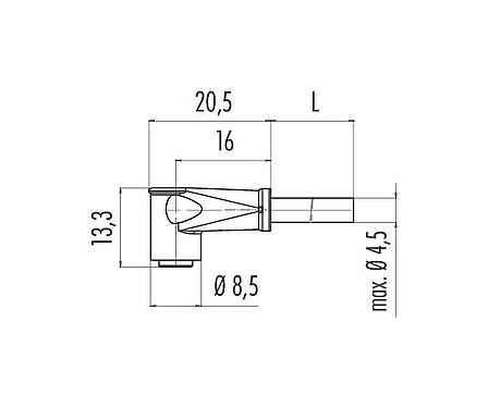 Scale drawing M8 Female angled connector, Contacts: 3, unshielded, PVC, black, 3 x 0.14 mm², Snap-in version, 5 m