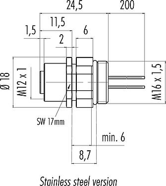 Dibujo a escala M12 Toma de brida, Número de contactos: 8, sin blindaje, hilos, IP68/IP69K, UL 2238, M16x1,5, Montaje frontal, Acero inoxidable, posicionable, moldeado