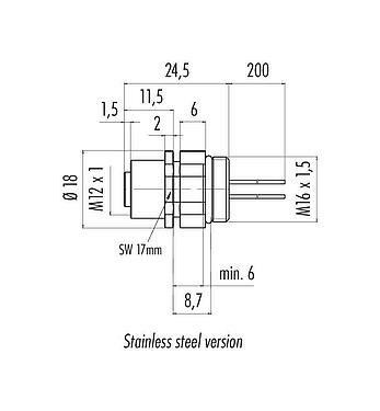 Scale drawing M12 Female panel mount connector, Contacts: 8, unshielded, single wires, IP68/IP69K, UL 2238, M16x1.5, Front mounting, stainless steel, positionable, potted