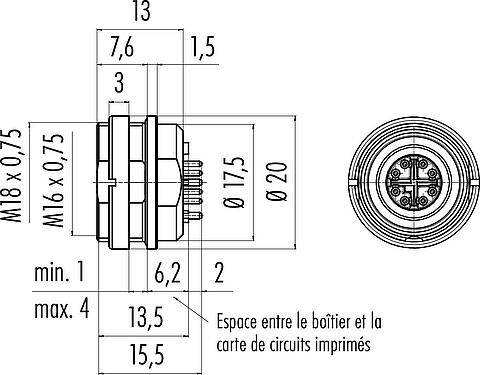 Dessin coté M16 Embase femelle, Contacts: 8, blindable, THR, IP67, M18x0,75, Montage mural arrière