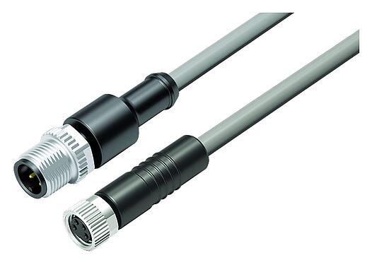 Illustration M12/M8 Male cable connector - female cable connector, Contacts: 4, unshielded, moulded on the cable, IP67/IP69K, UL 2238, PVC, grey, 4 x 0.34 mm², 0.6 m